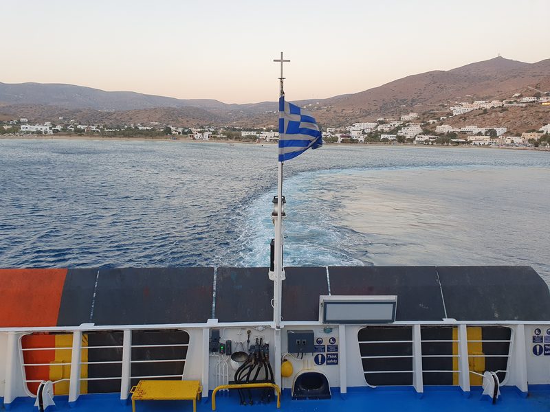 A ferry departing the Greek island of Ios