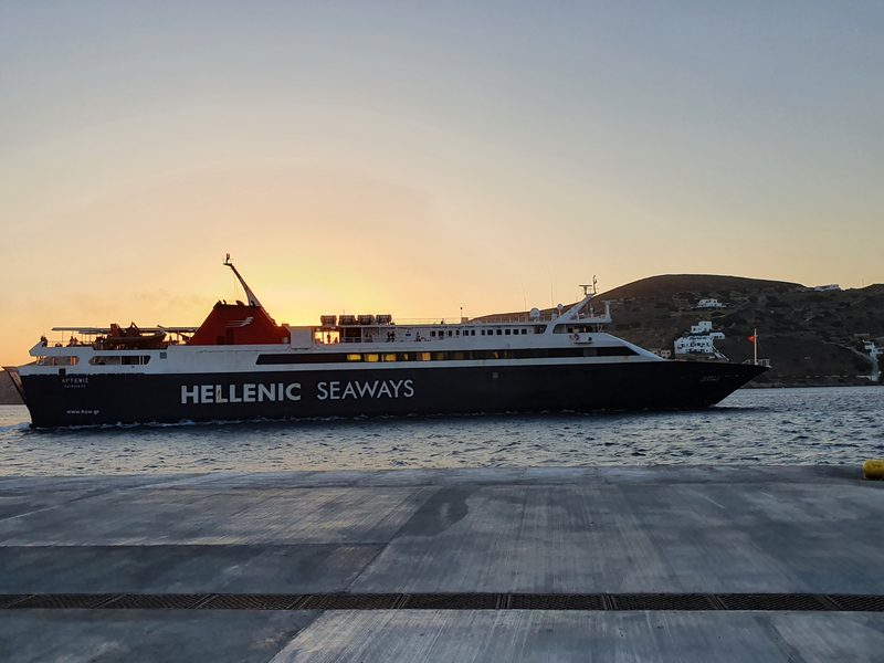 A ferry leaving Ios in Greece for other Greek islands