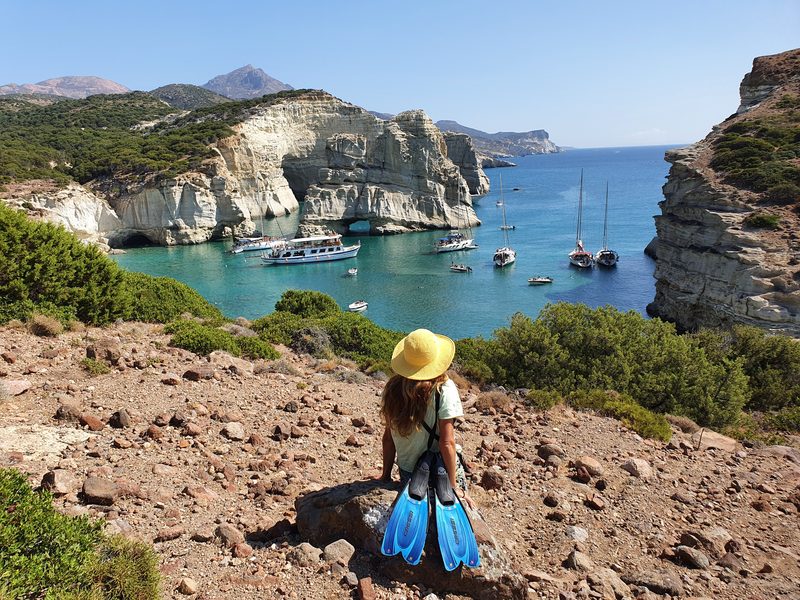 We took our swimming gear including flippers on the hiking trail to Kleftiko Bay