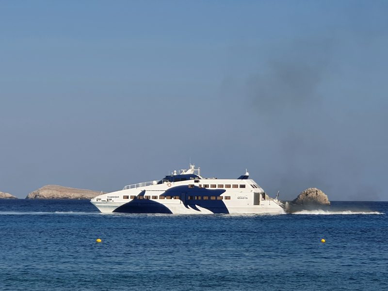 A SeaJets ferry crossing the Cyclades islands of Greece