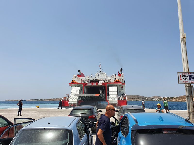 A ferry awaiting boarding in Paros, Greece