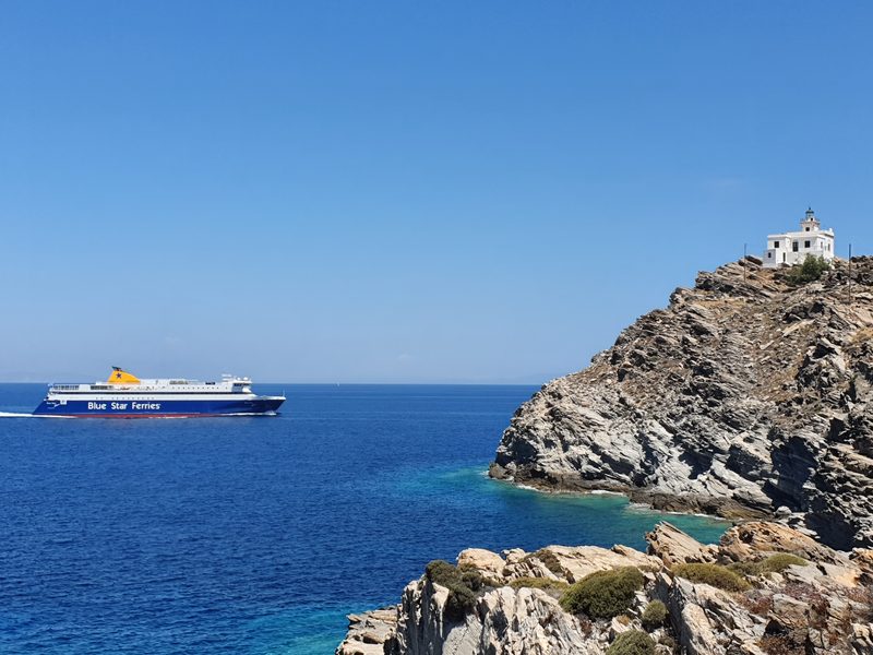 A ferry sailing off the coast of Paros island