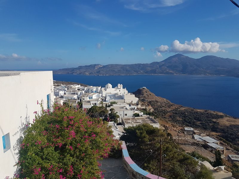 Bright pink bougainvillea framing a stepped lane in Plaka, with whitewashed rooftops and the sea beyond